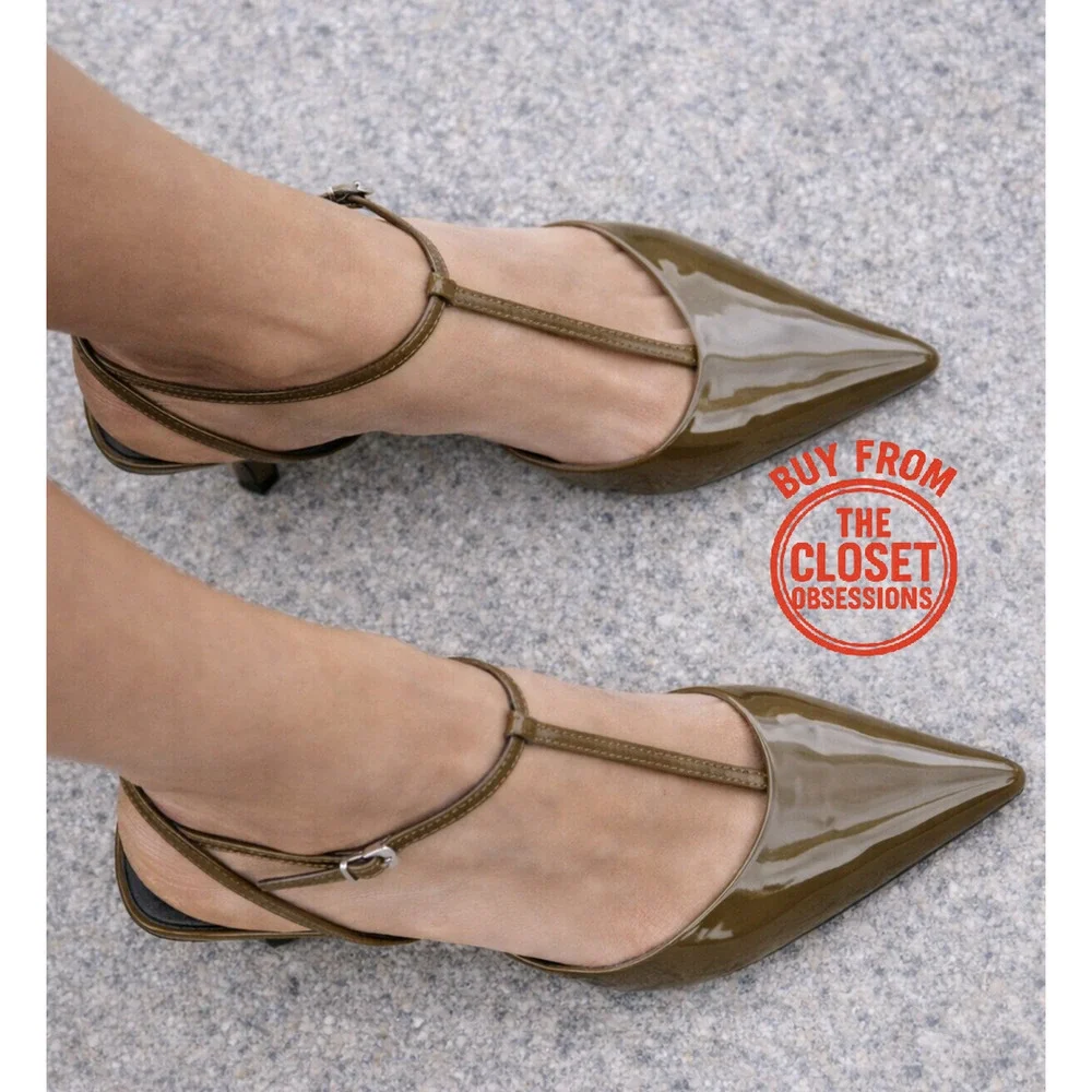 Zara Olive Green Pointed Toe T-Strap Slingback Heels NWT - Picture 5 of 16